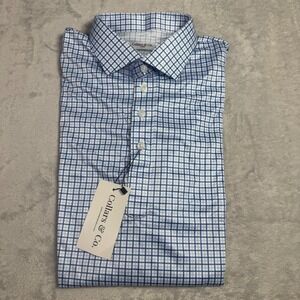 NWT Collars & Co Mens Plaid Dress Collar Polo Shirt L Blue White Golf Athleisure